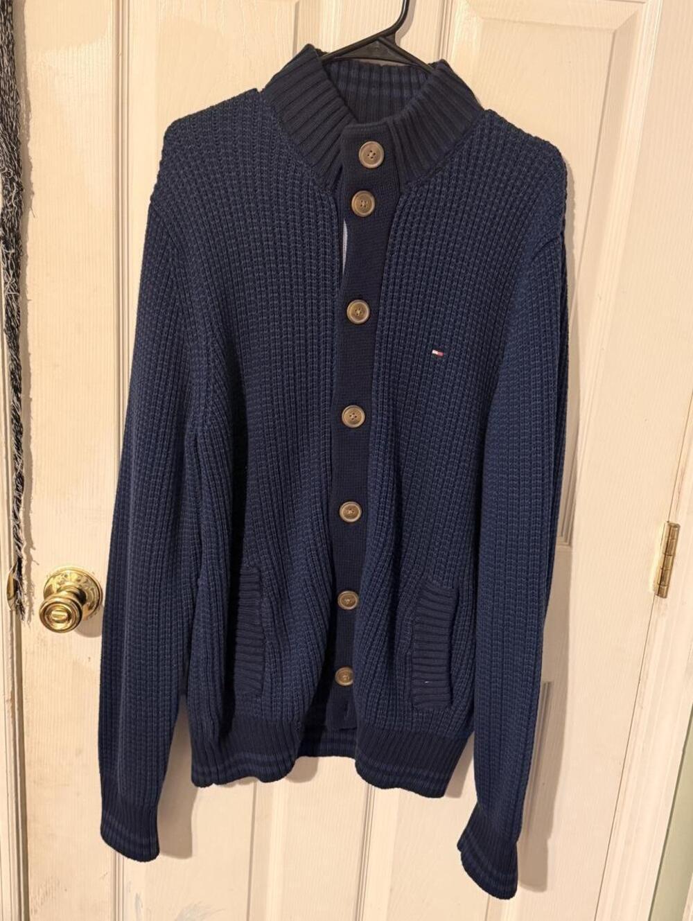 Tommy Hilfiger Thick Cotton Knit Nautical Preppy Old Money Navy Cardigan/Sweater